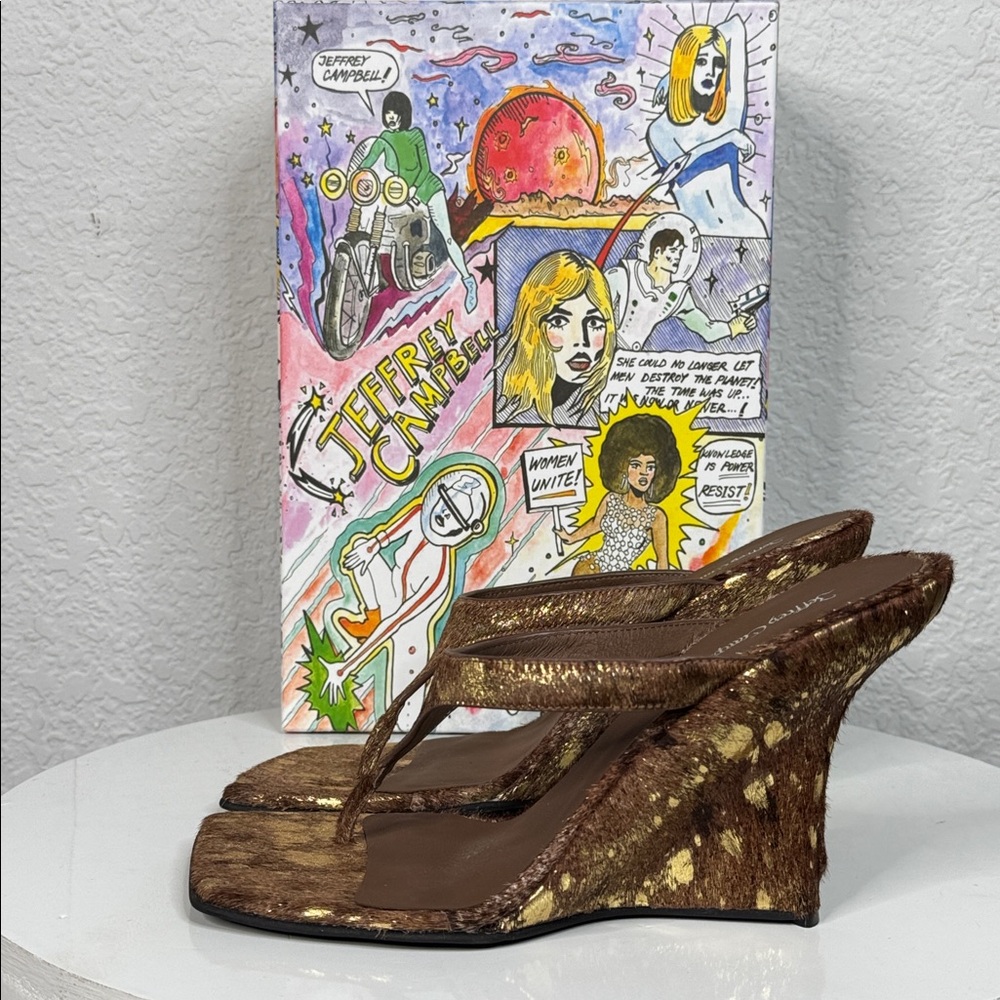 JEFFREY CAMPBELL ROMEE F CALF HAIR SCULPTED WEDGE SANDALS BROWN GOLD SPOT *NIB* - Picture 5 of 15